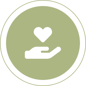 Icon of an outstretched hand with a heart above it, set against a green circular background.